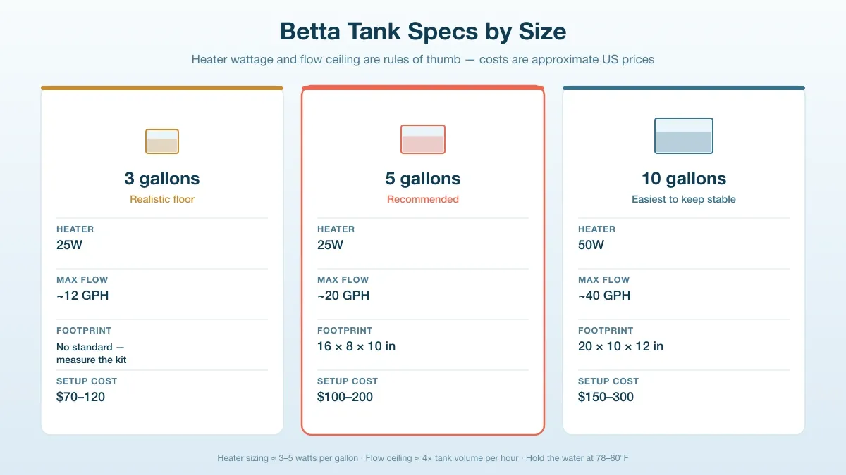 Comparison diagram of 3, 5, and 10 gallon betta tanks showing heater wattage, filter GPH, and footprint in inches